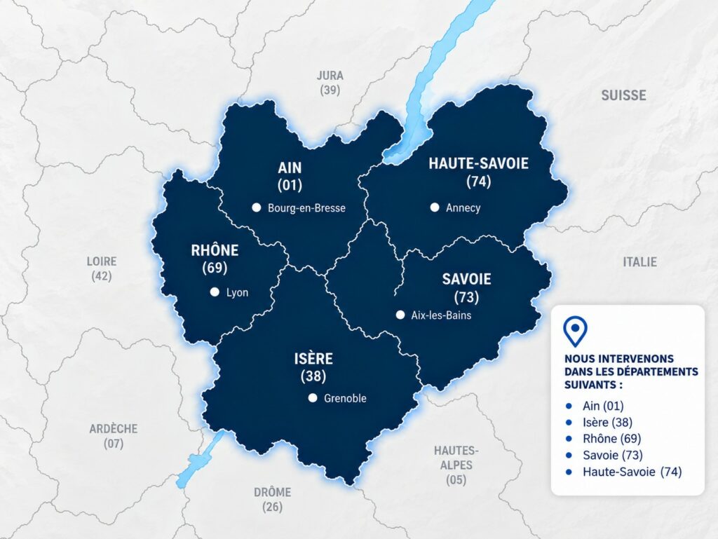 Carte des zones d’intervention AJ2P Ascenseurs en Ain, Isère, Rhône, Savoie et Haute-Savoie