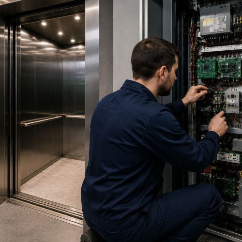 Technicien AJ2P intervenant sur un ascenseur en panne